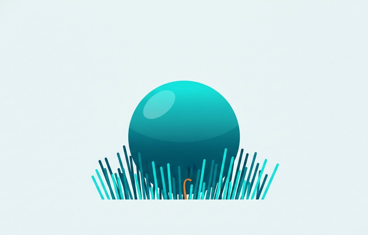 A large smooth sphere resting on a dense bed of short bristles, compressed unevenly beneath its weight