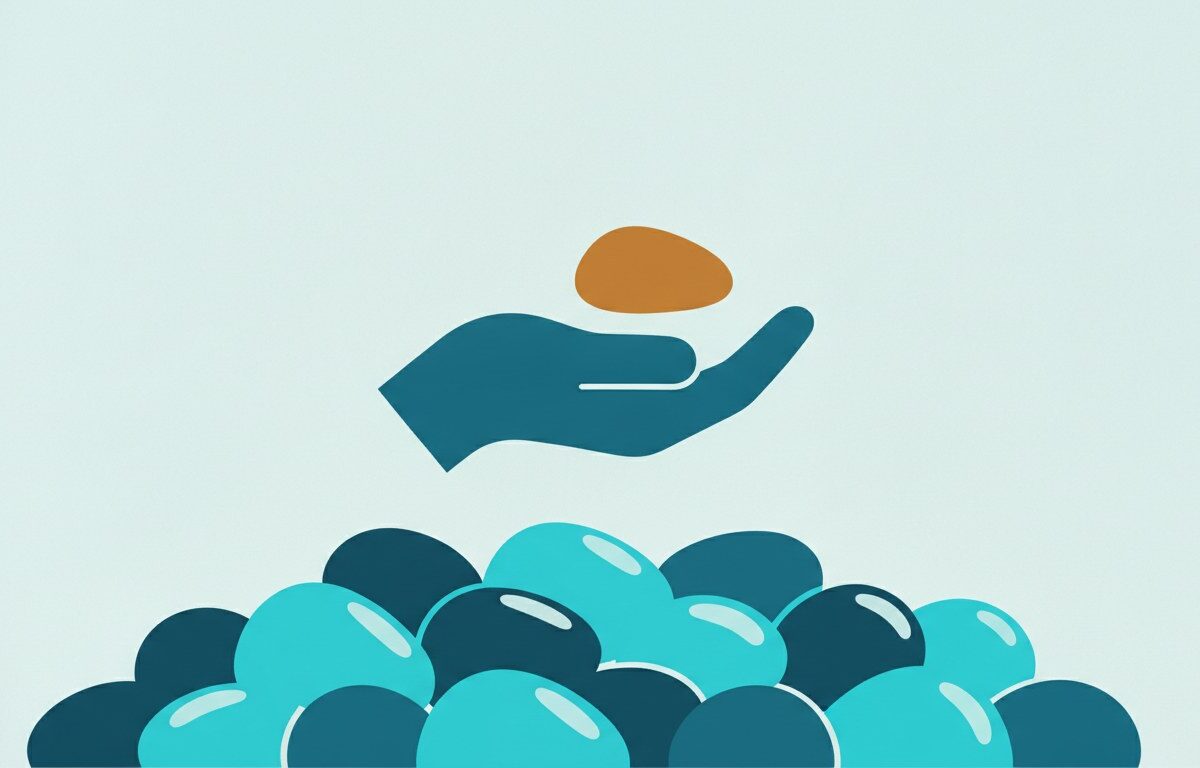 A cluster of identical blank pebbles with one raised in a cupped hand