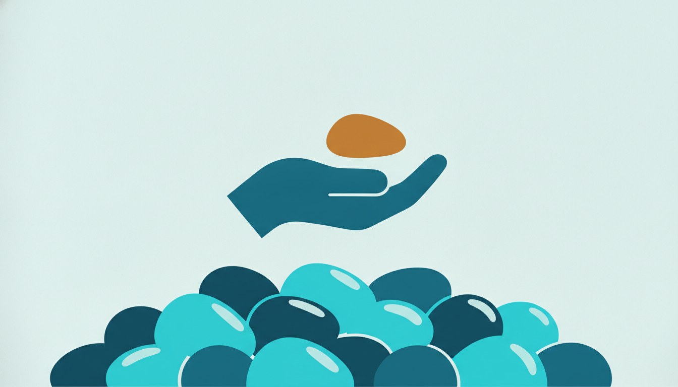 A cluster of identical blank pebbles with one raised in a cupped hand