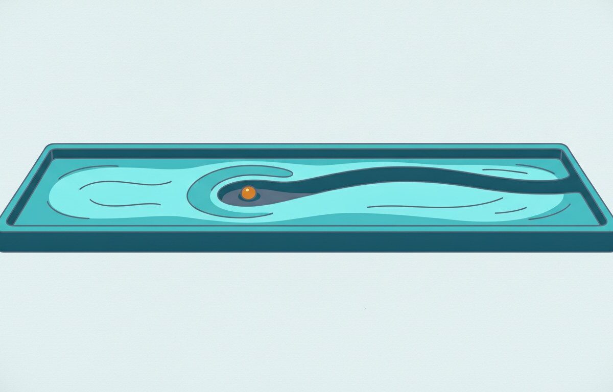 A shallow tray of raked sand with one continuous furrow crossing it