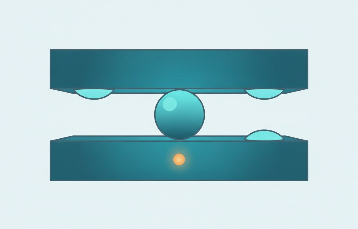 A ball resting in the gap between two heavy horizontal slabs