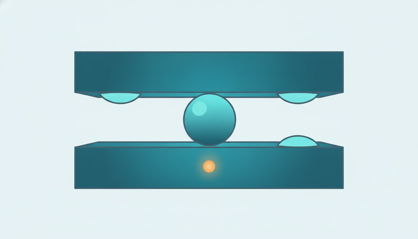 A ball resting in the gap between two heavy horizontal slabs