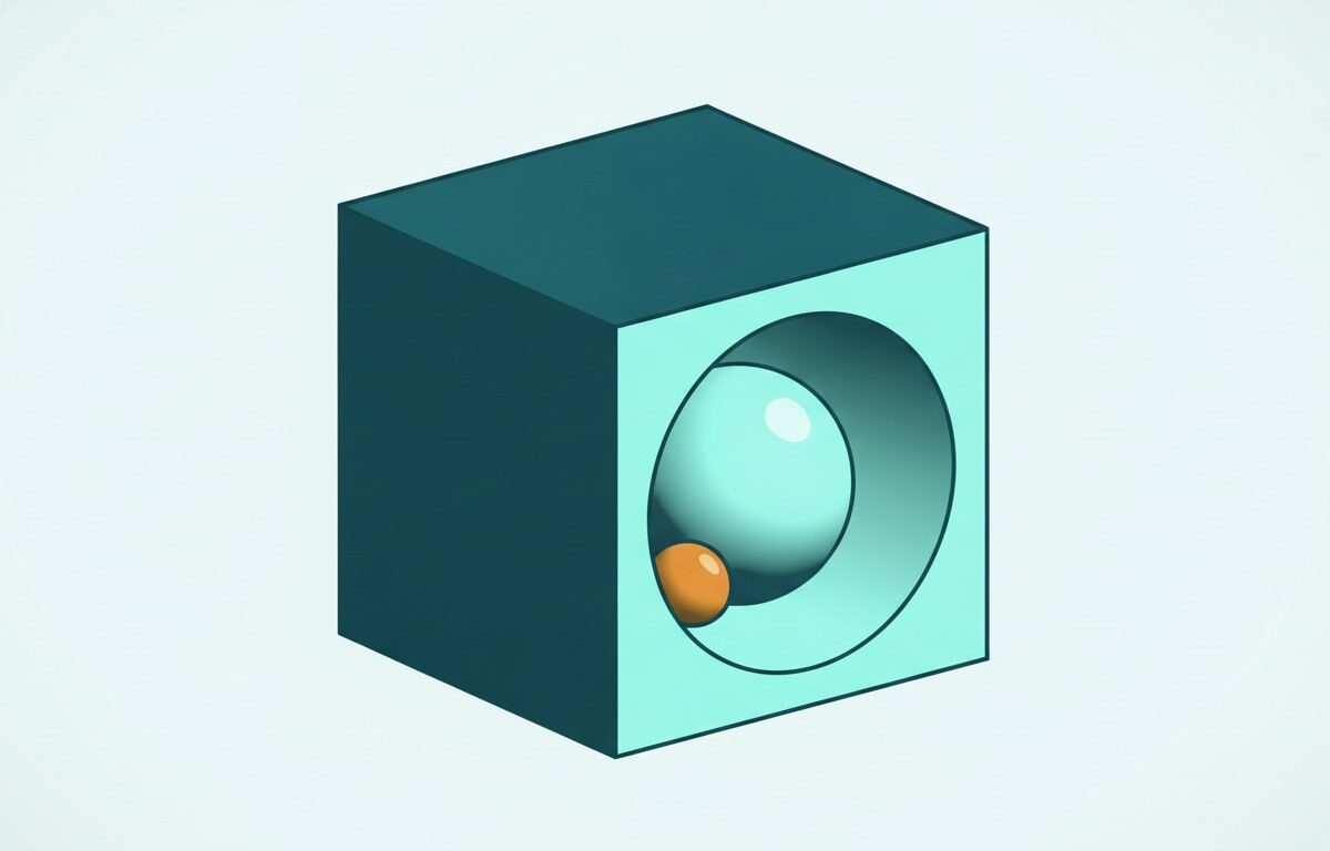 A solid cube cut open at one corner, revealing a large empty chamber inside