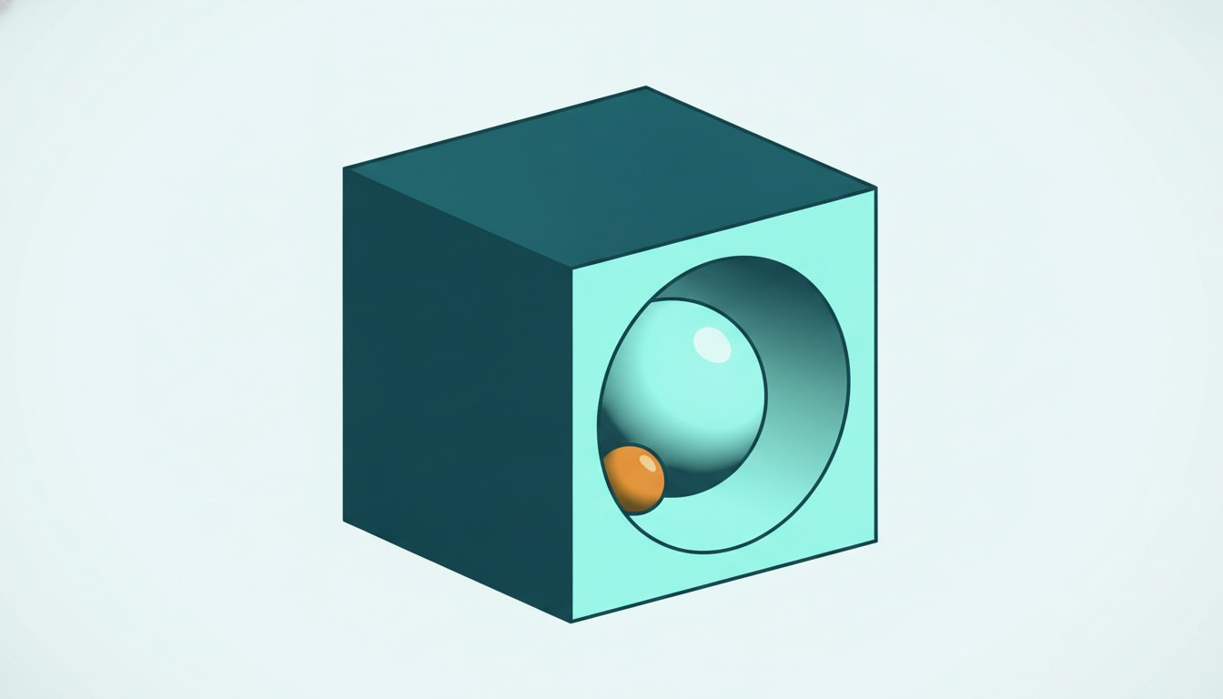 A solid cube cut open at one corner, revealing a large empty chamber inside