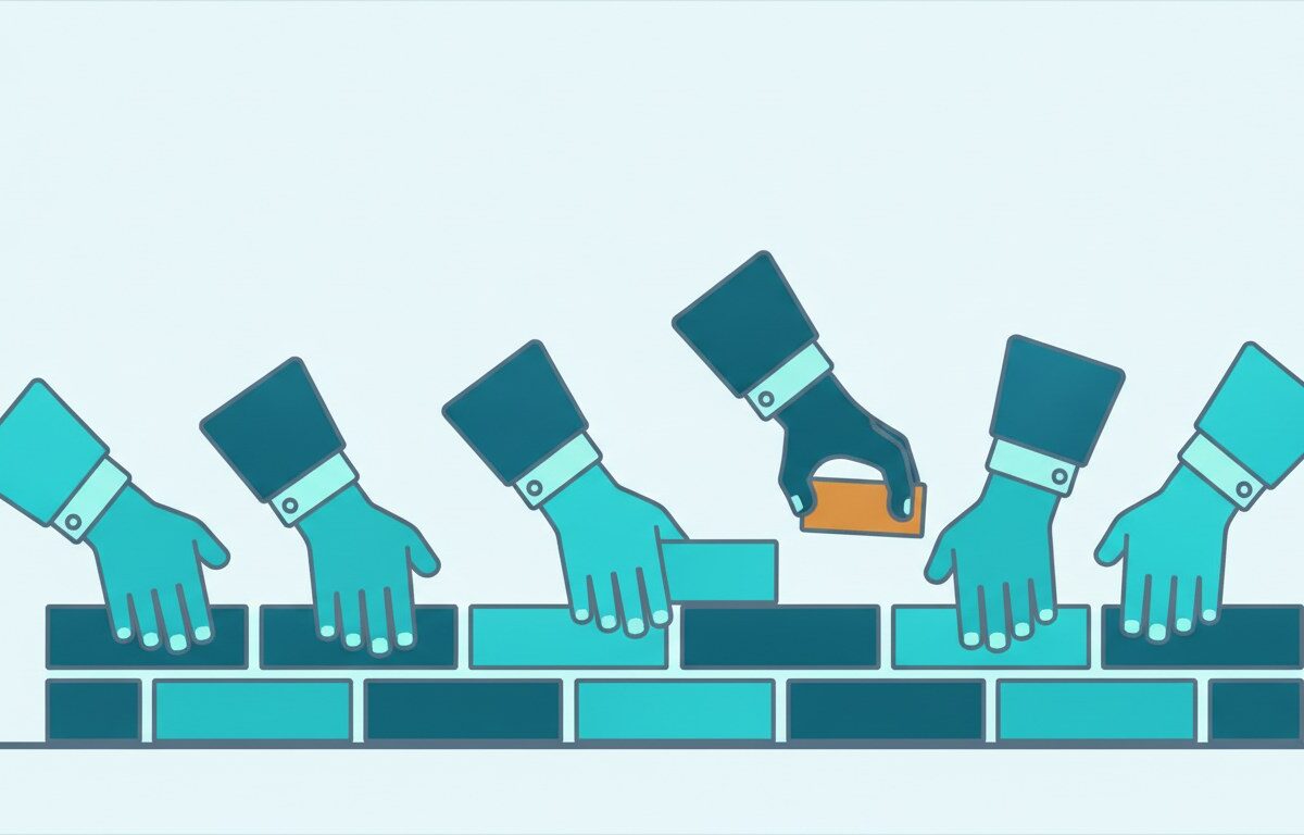 Many hands placing solid blocks into a single level course of a low wall