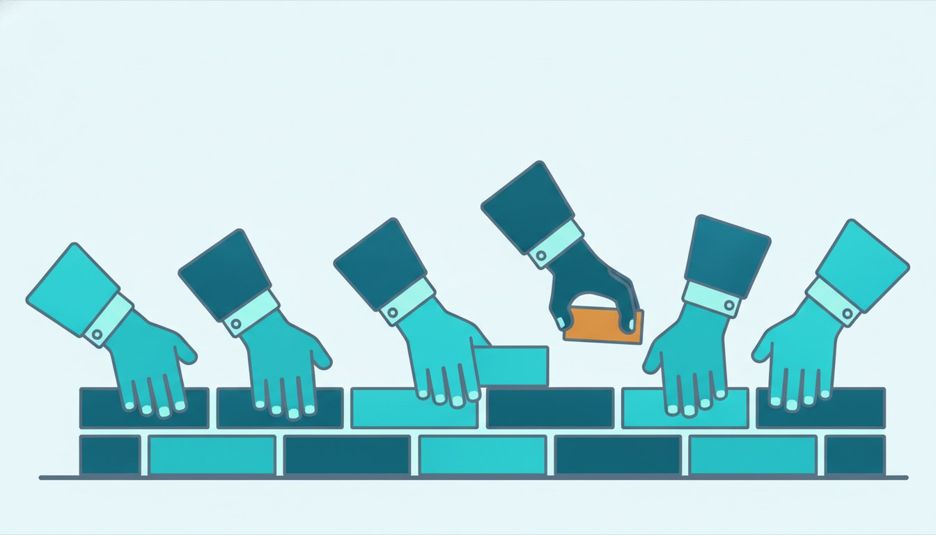 Many hands placing solid blocks into a single level course of a low wall