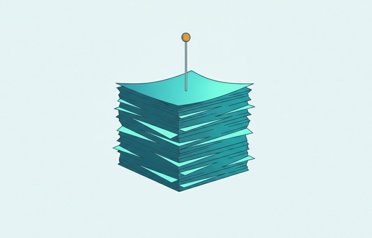 A thick stack of folded documents pierced by one upright pin