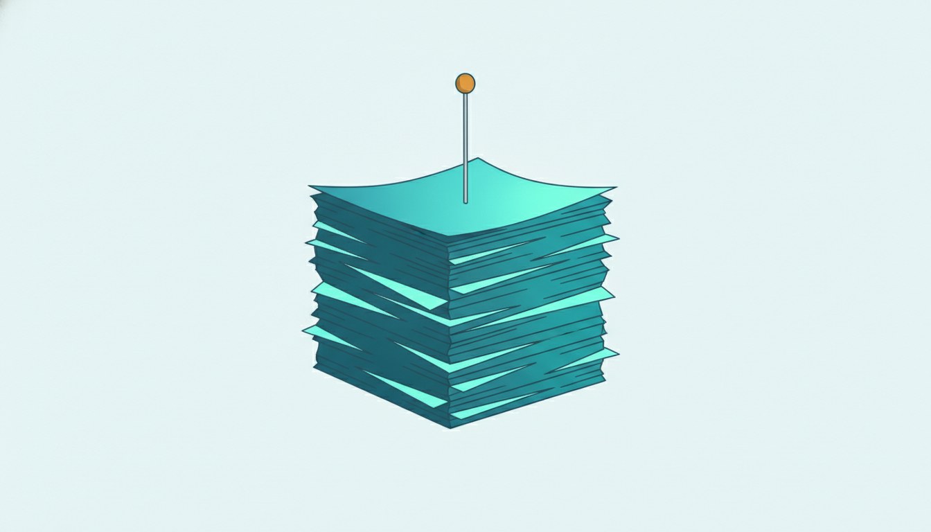 A thick stack of folded documents pierced by one upright pin