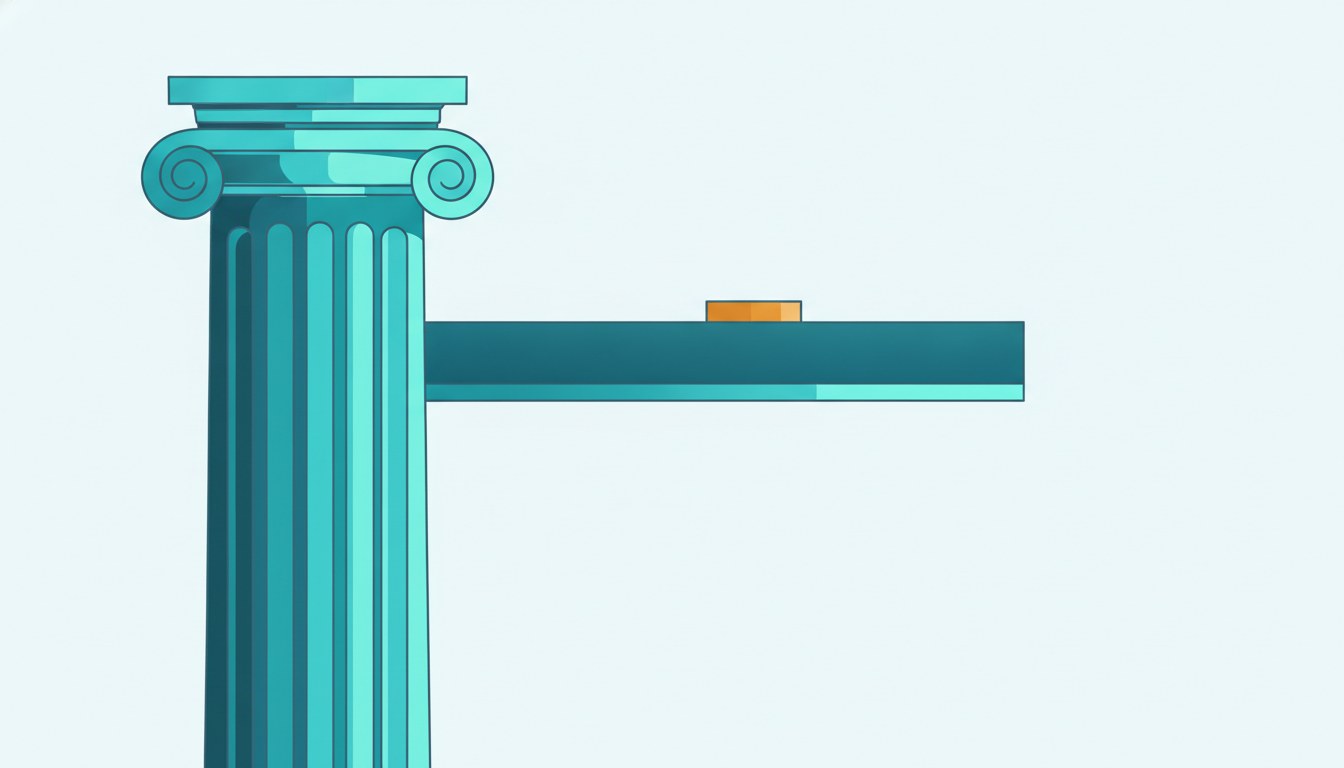 A large civic column joined to a smaller modern block by a horizontal beam