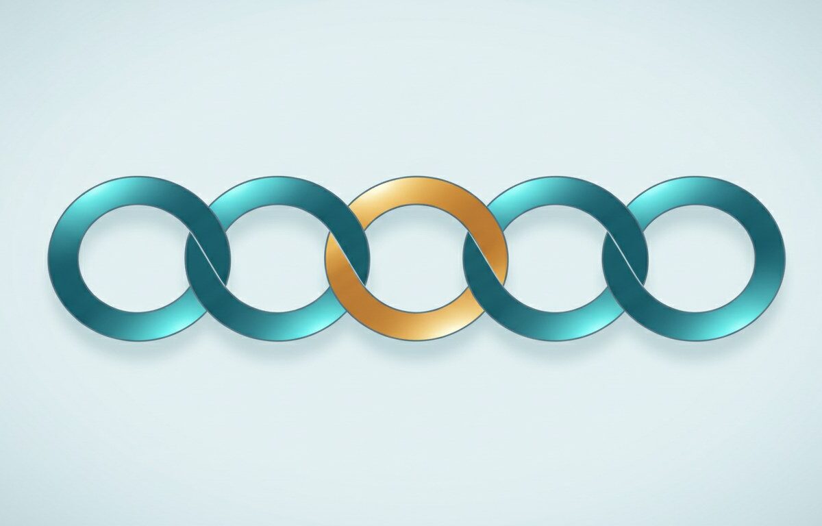 Five large interlocking rings linked in a flat chain, one of them amber