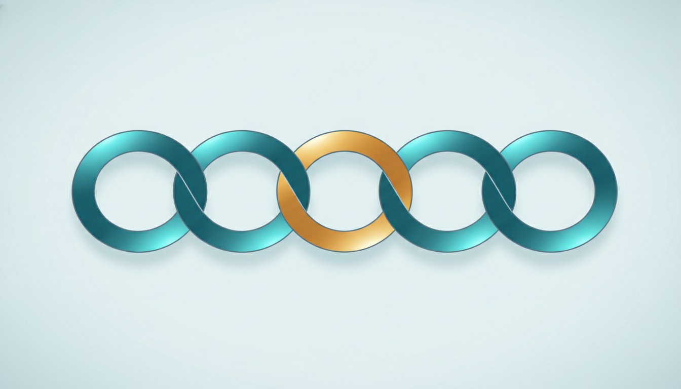 Five large interlocking rings linked in a flat chain, one of them amber