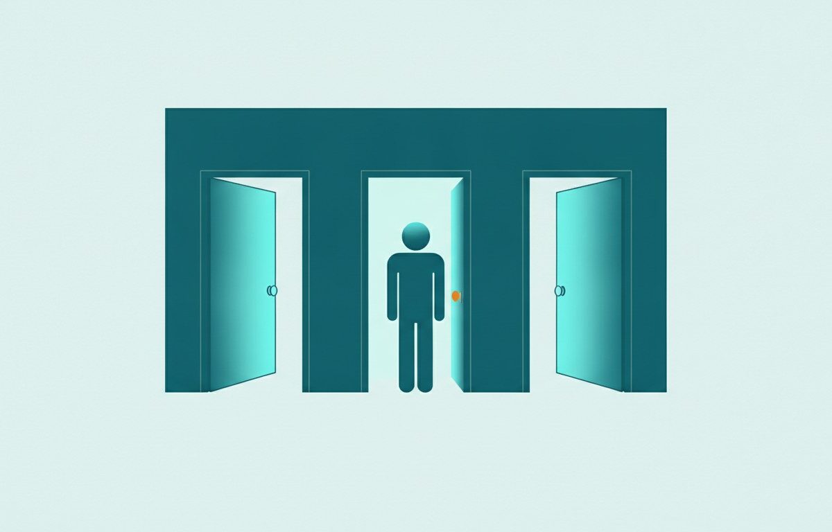 A figure standing before three doorways, one of them open