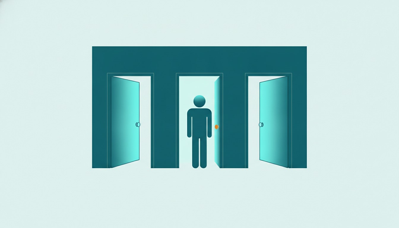 A figure standing before three doorways, one of them open