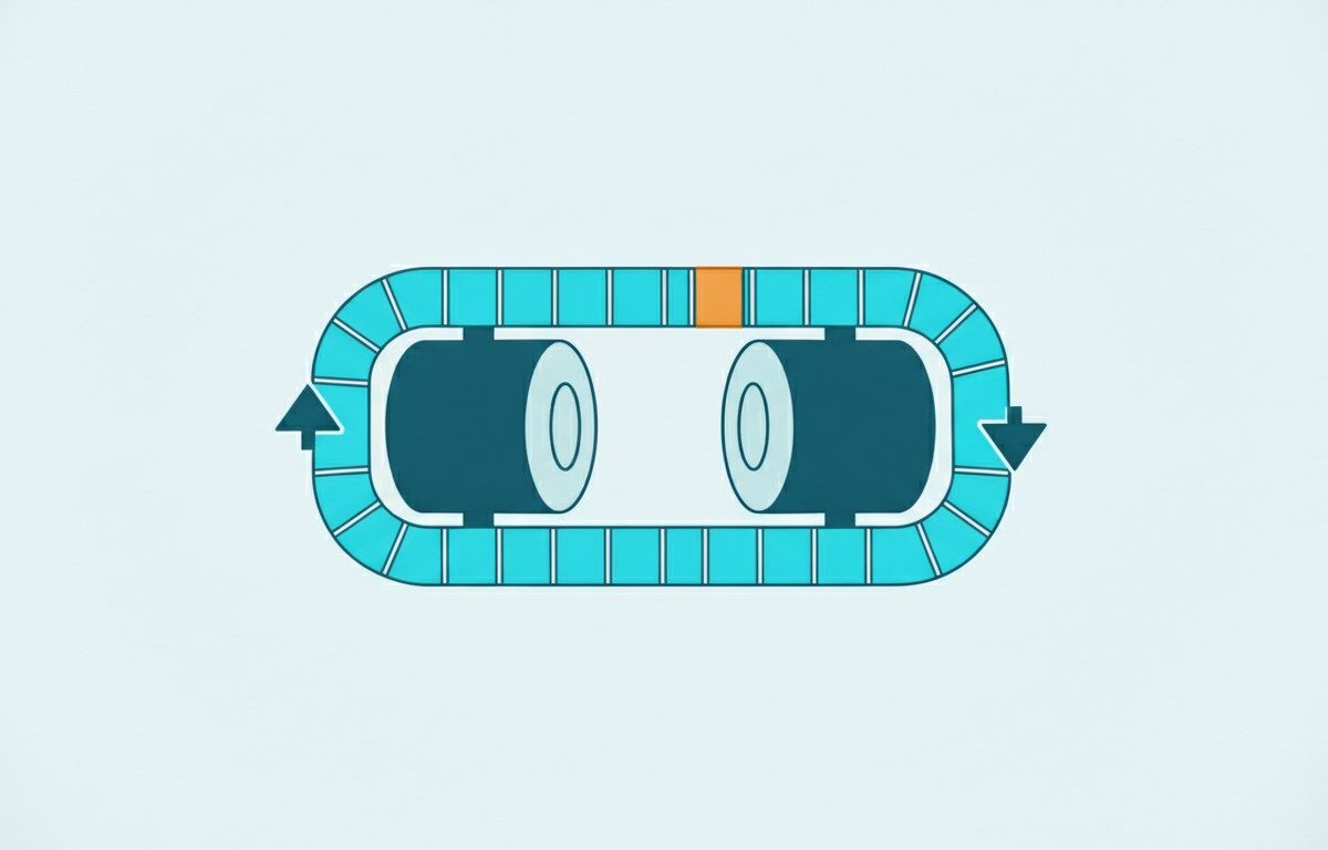 An endless belt of blank segments running over two heavy drums