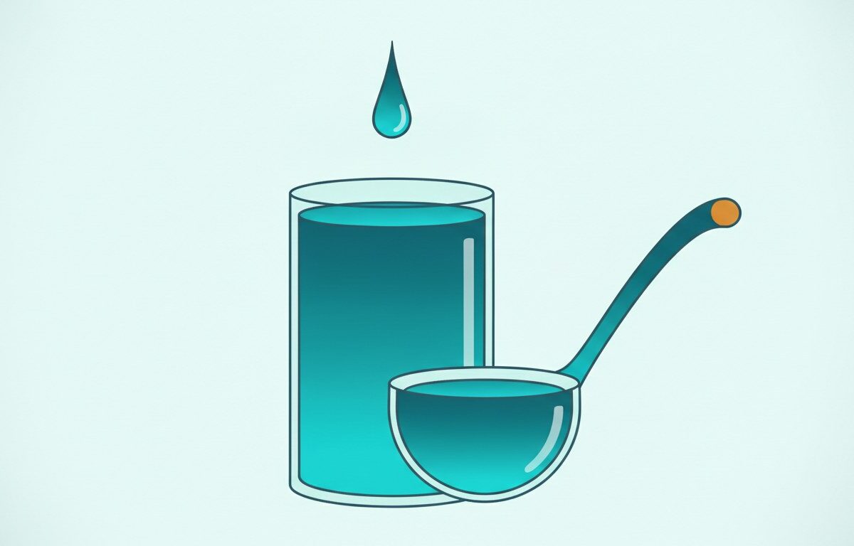 A tall vessel filling from a slow steady drip, a large ladle resting beside it