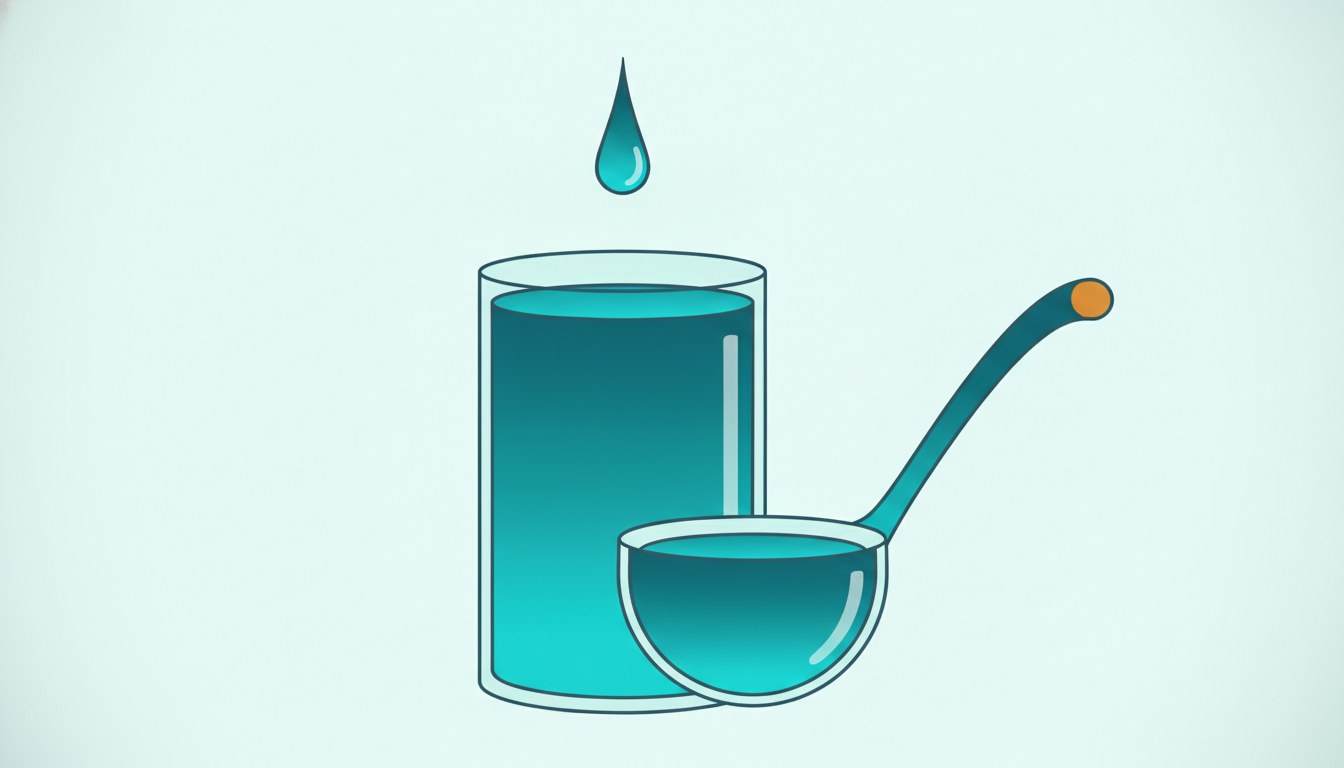 A tall vessel filling from a slow steady drip, a large ladle resting beside it
