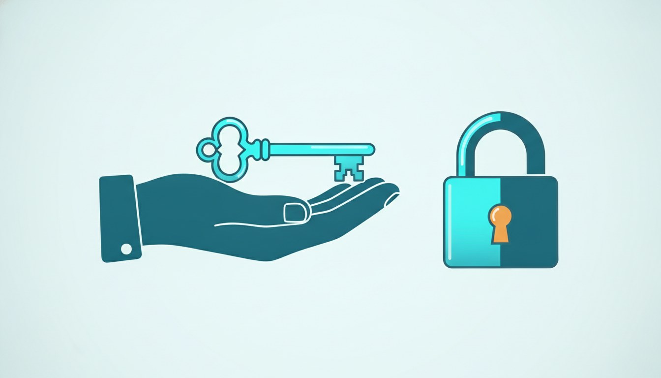 A key lying in an open palm beside a separate closed padlock