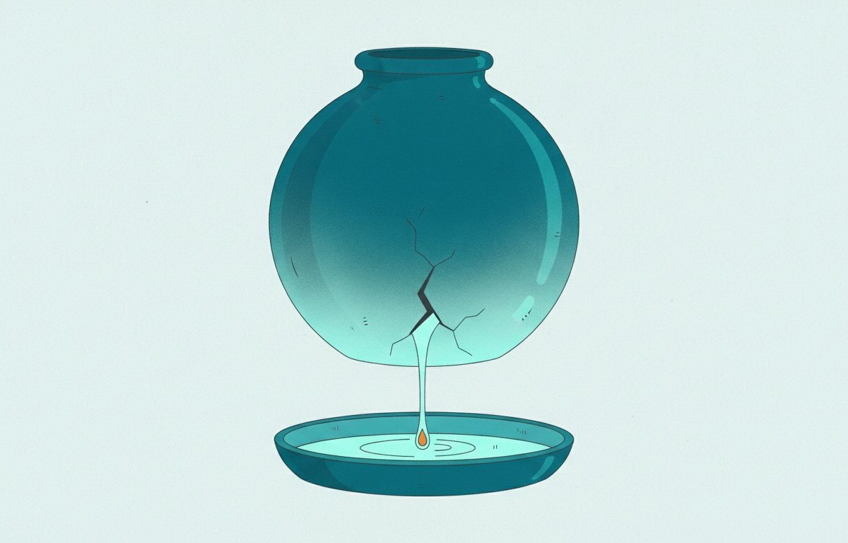 A vessel with a crack near its base, a thin stream escaping into a shallow pan
