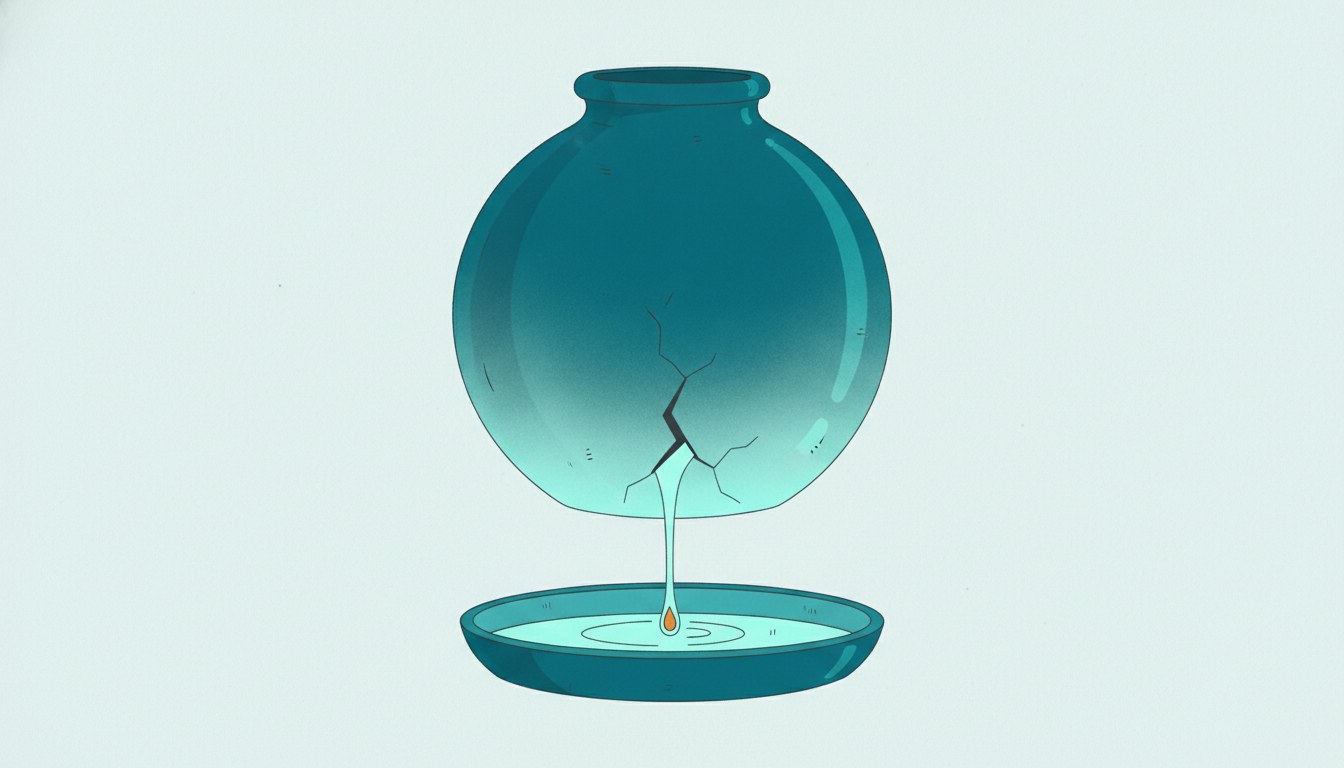 A vessel with a crack near its base, a thin stream escaping into a shallow pan