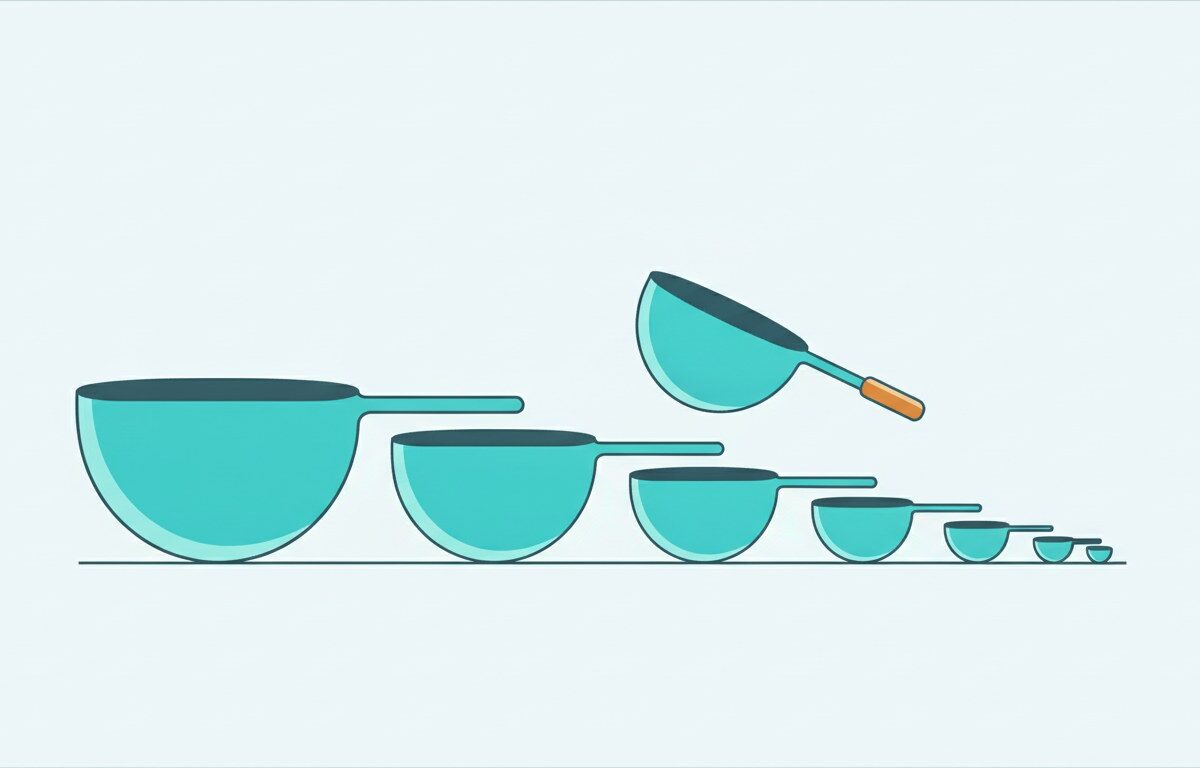 Nested measuring scoops in graduated sizes, one lifted clear of the row