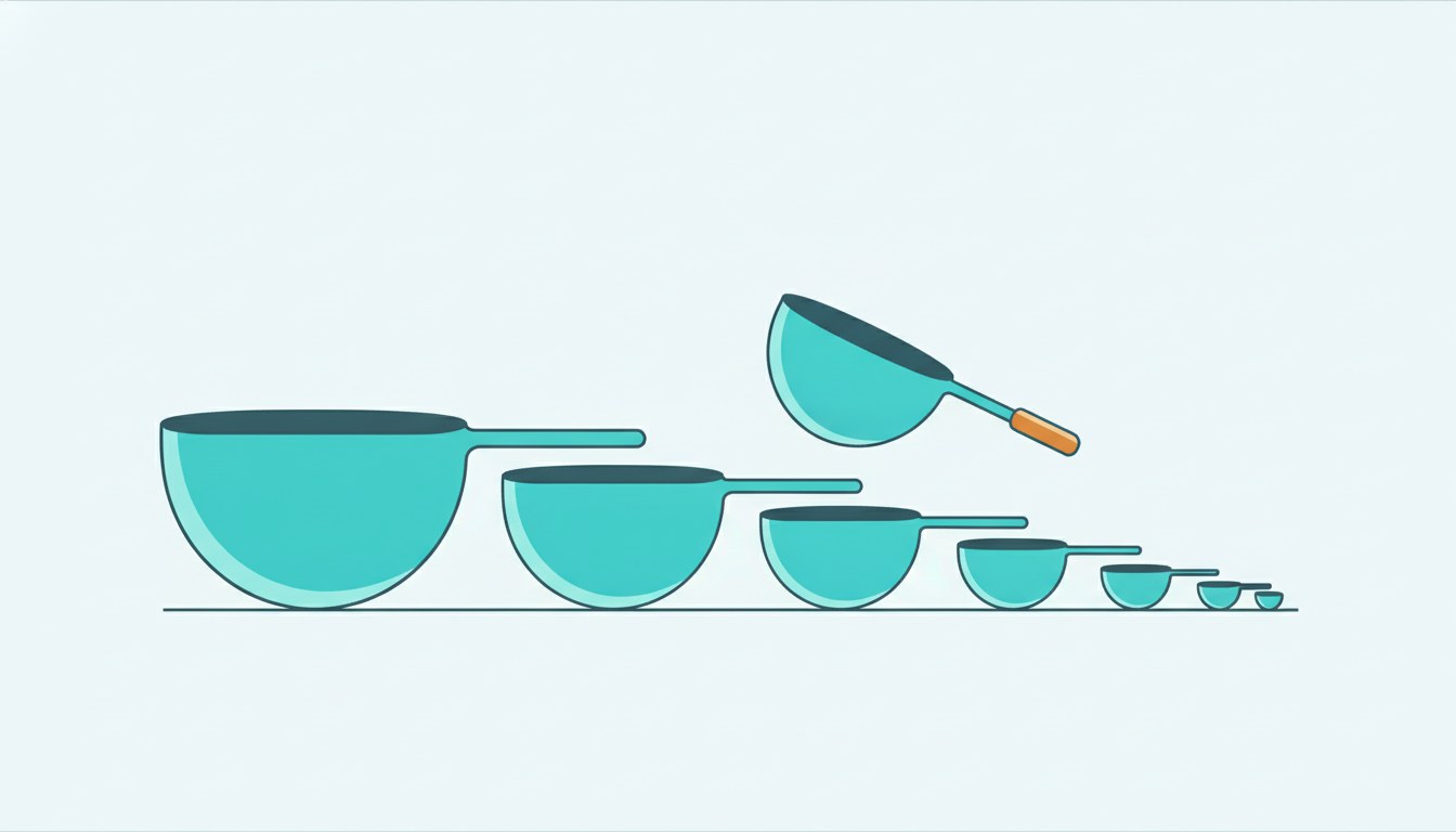 Nested measuring scoops in graduated sizes, one lifted clear of the row