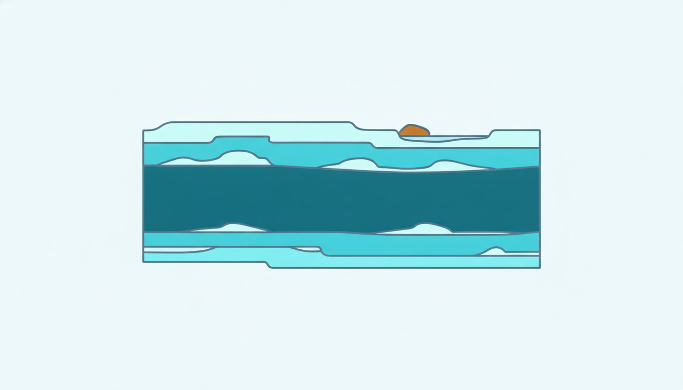 A cut-away block of layered sediment bands, one band thicker than the rest