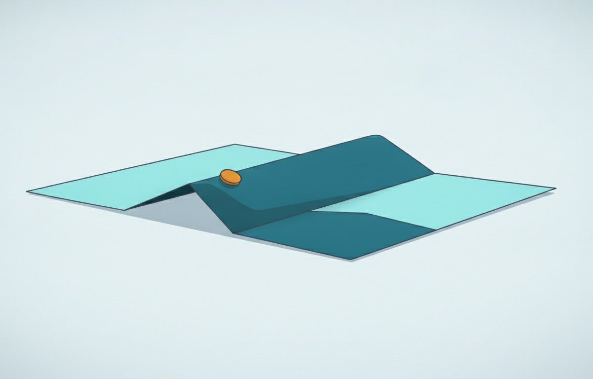 A broad sheet of paper lying flat with a single long fold ridged across it