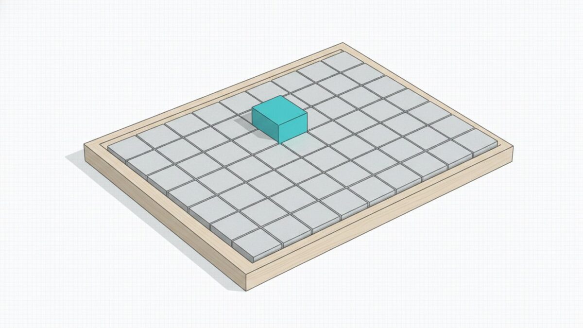 Illustration: a shallow tray of blank square tiles laid edge to edge, with one cyan tile raised slightly above the rest.