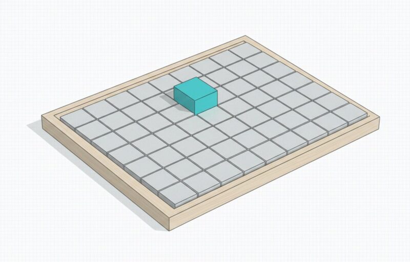 Illustration: a shallow tray of blank square tiles laid edge to edge, with one cyan tile raised slightly above the rest.