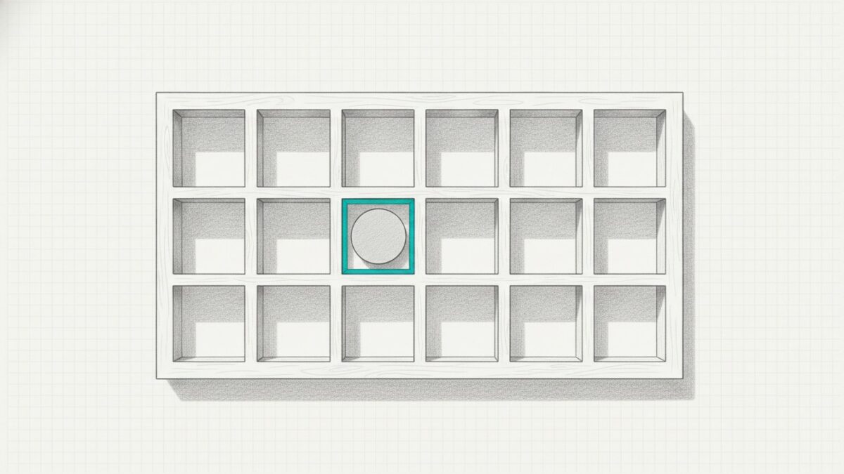 Illustration: a block of empty square pigeonhole compartments with one blank disc resting in a single cyan-rimmed compartment.
