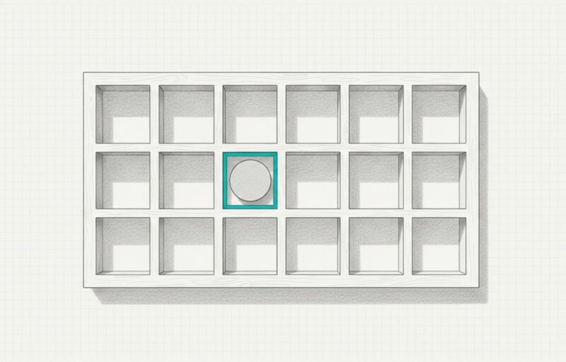Illustration: a block of empty square pigeonhole compartments with one blank disc resting in a single cyan-rimmed compartment.