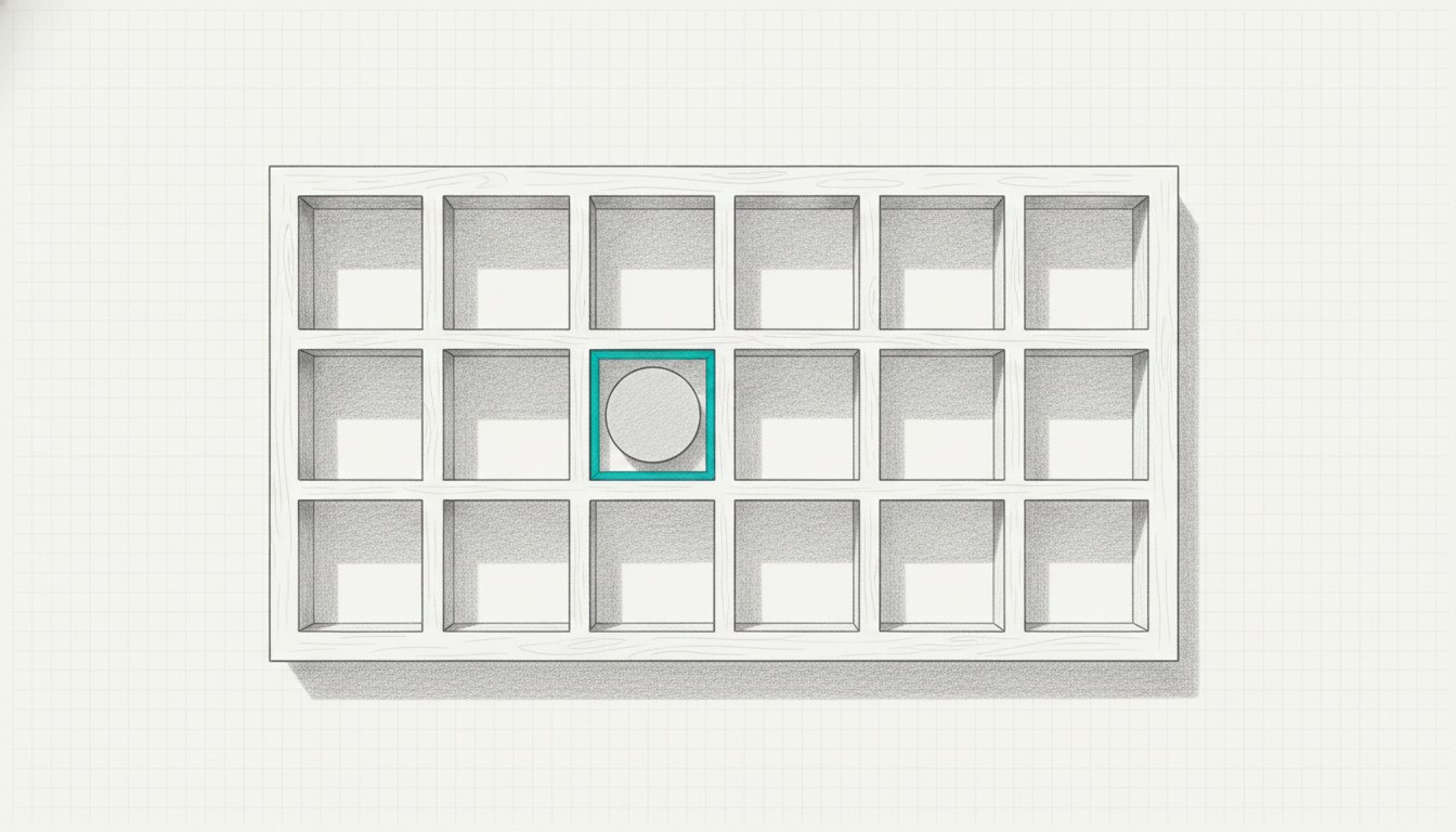Illustration: a block of empty square pigeonhole compartments with one blank disc resting in a single cyan-rimmed compartment.
