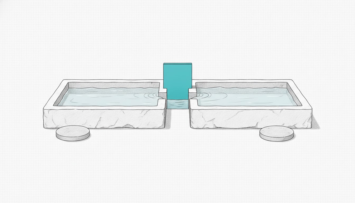 Illustration: two shallow basins of liquid at different levels joined by a short channel, with a raised cyan sluice gate.