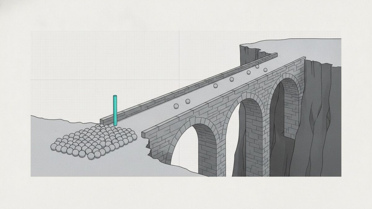 Illustration: many identical spheres queued at the mouth of a narrow stone footbridge, with a single cyan marker post.