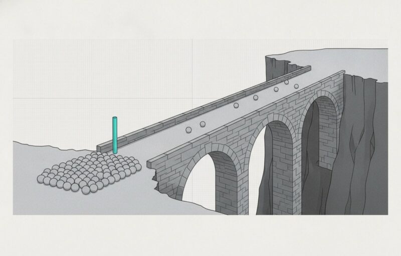 Illustration: many identical spheres queued at the mouth of a narrow stone footbridge, with a single cyan marker post.
