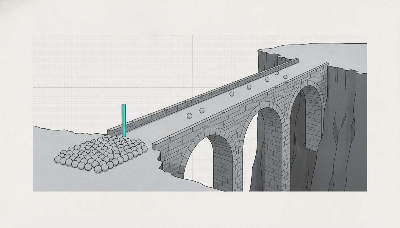 Illustration: many identical spheres queued at the mouth of a narrow stone footbridge, with a single cyan marker post.