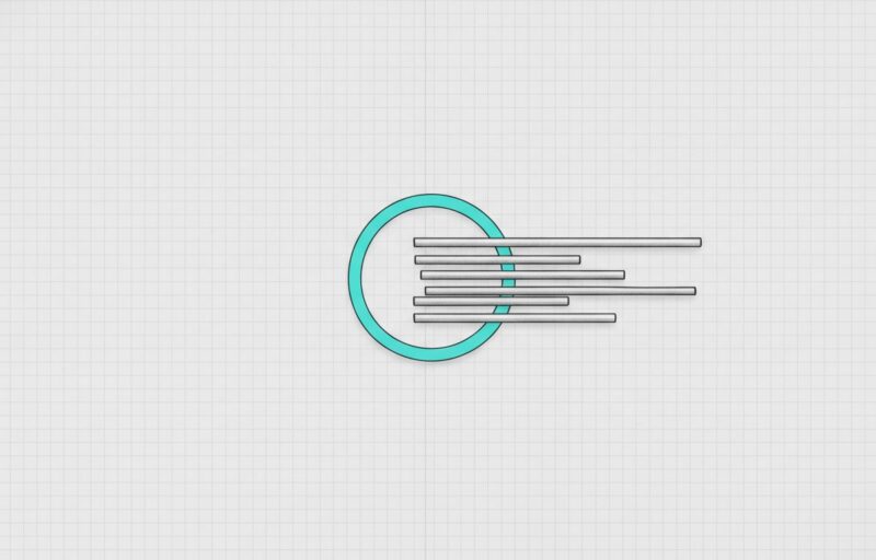 Illustration: rods of differing lengths pushed through a single narrow cyan ring, emerging still ragged and unaligned.