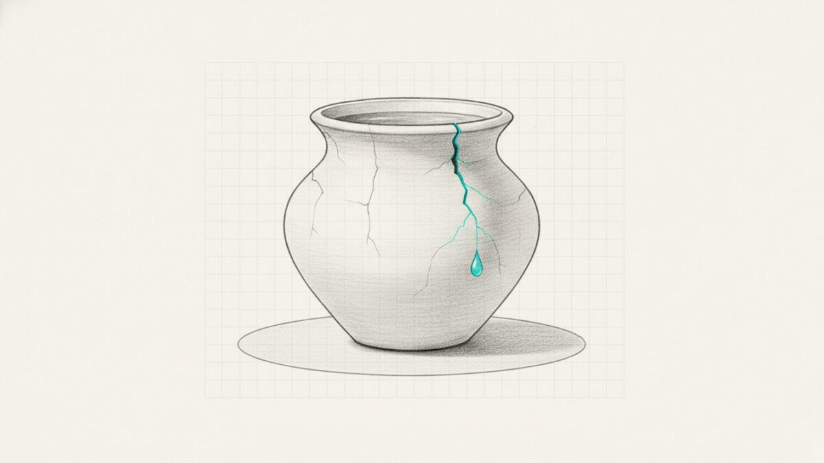 Illustration: a plain clay vessel of water with several hairline cracks, one of them cyan and weeping a single drop.