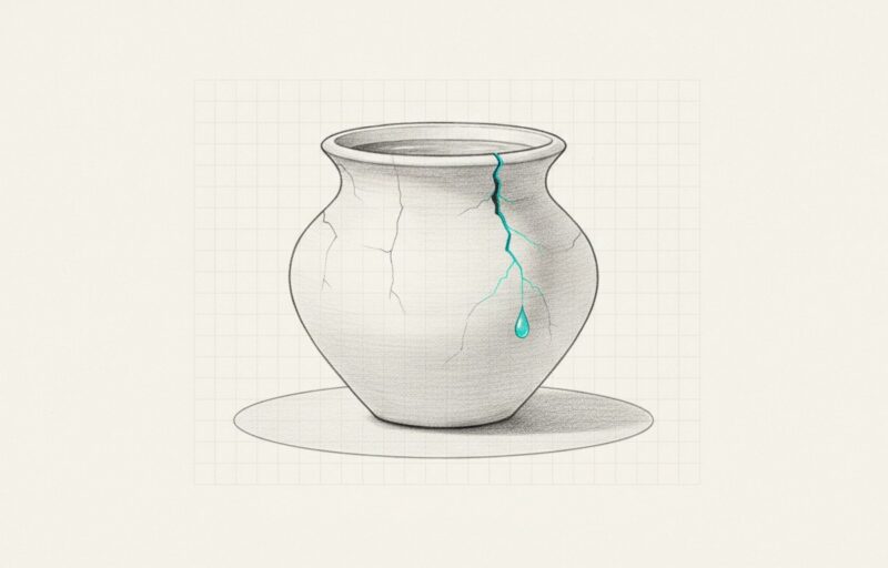 Illustration: a plain clay vessel of water with several hairline cracks, one of them cyan and weeping a single drop.