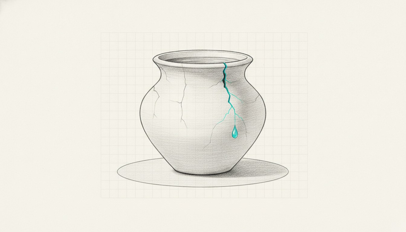 Illustration: a plain clay vessel of water with several hairline cracks, one of them cyan and weeping a single drop.