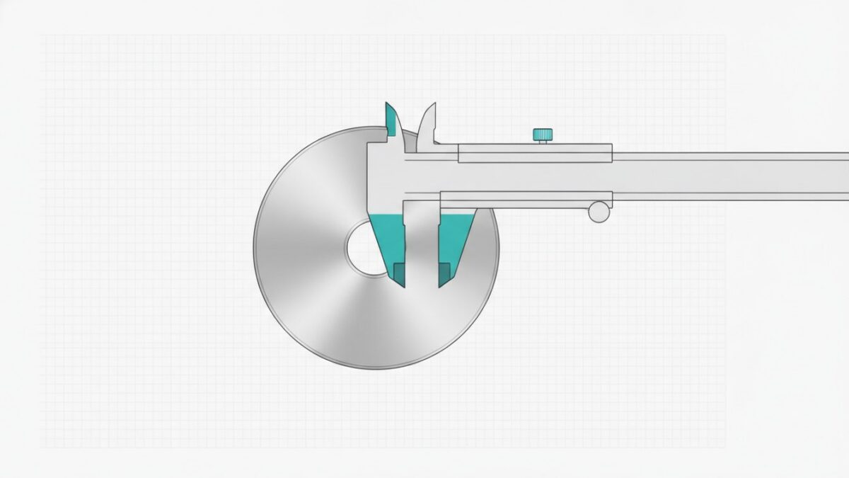 Illustration: precision calipers with cyan jaws measuring the edge of a single blank metal disc.