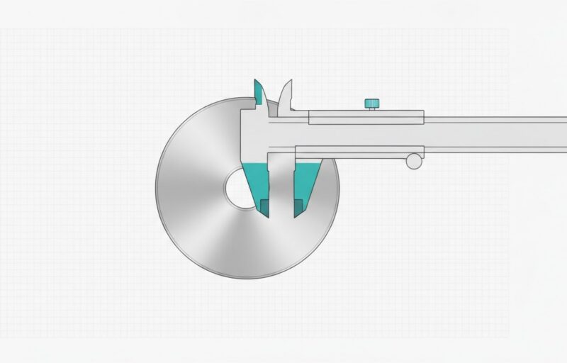 Illustration: precision calipers with cyan jaws measuring the edge of a single blank metal disc.