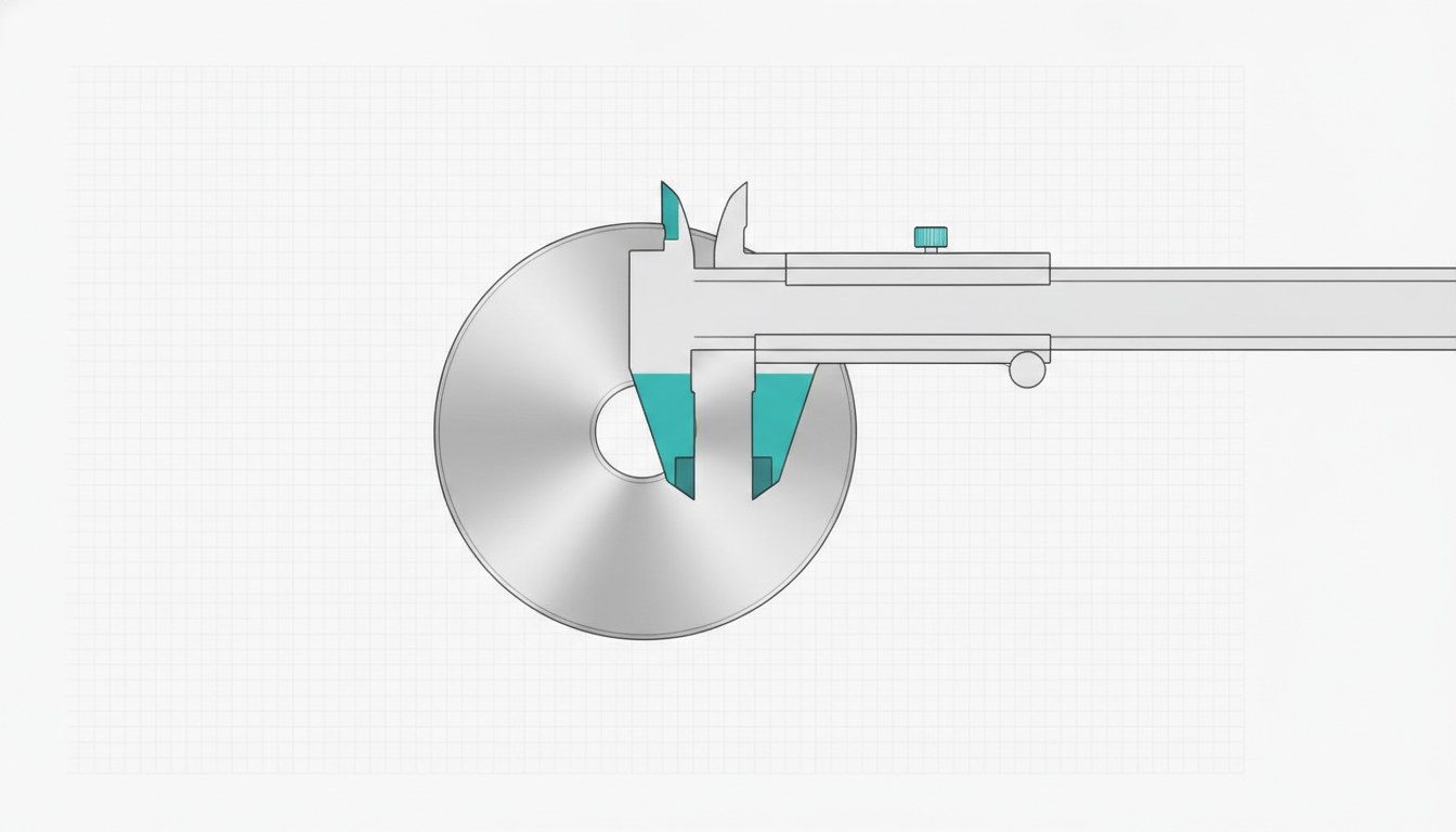 Illustration: precision calipers with cyan jaws measuring the edge of a single blank metal disc.