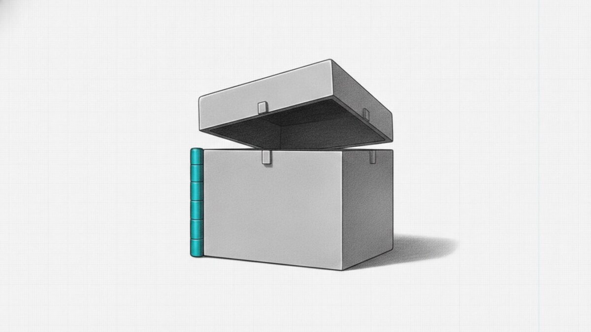 Illustration: a heavy strongbox with its lid open a hand's width, showing only shadow inside, one hinge cyan.