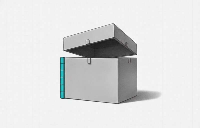 Illustration: a heavy strongbox with its lid open a hand's width, showing only shadow inside, one hinge cyan.