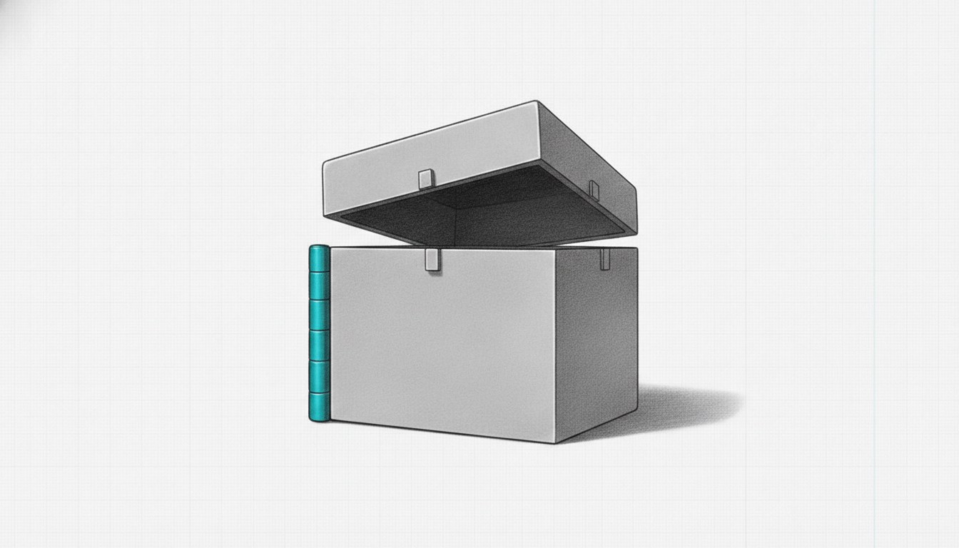 Illustration: a heavy strongbox with its lid open a hand's width, showing only shadow inside, one hinge cyan.
