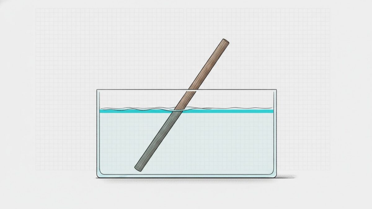 Illustration: a straight stick standing in a shallow glass tank of water, appearing sharply bent at the cyan-marked waterline.