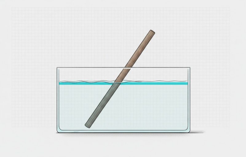 Illustration: a straight stick standing in a shallow glass tank of water, appearing sharply bent at the cyan-marked waterline.