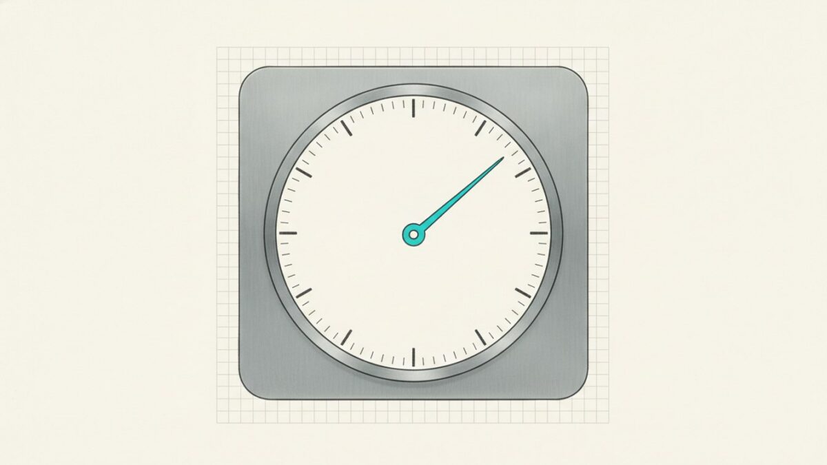 Illustration: a large mechanical dial with unlabelled tick marks and a single slender cyan needle.