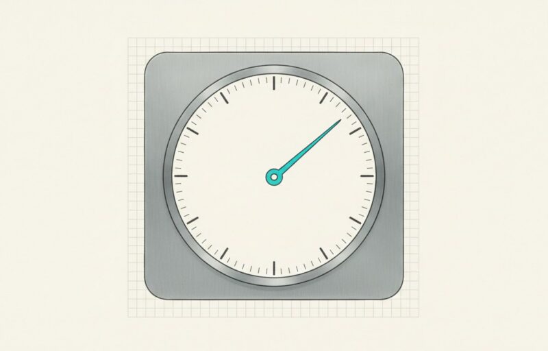 Illustration: a large mechanical dial with unlabelled tick marks and a single slender cyan needle.